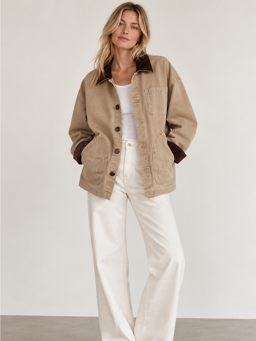 Faherty Sunwashed Canvas Tan Field Barn Jacket with Dark Brown Corduroy Collar